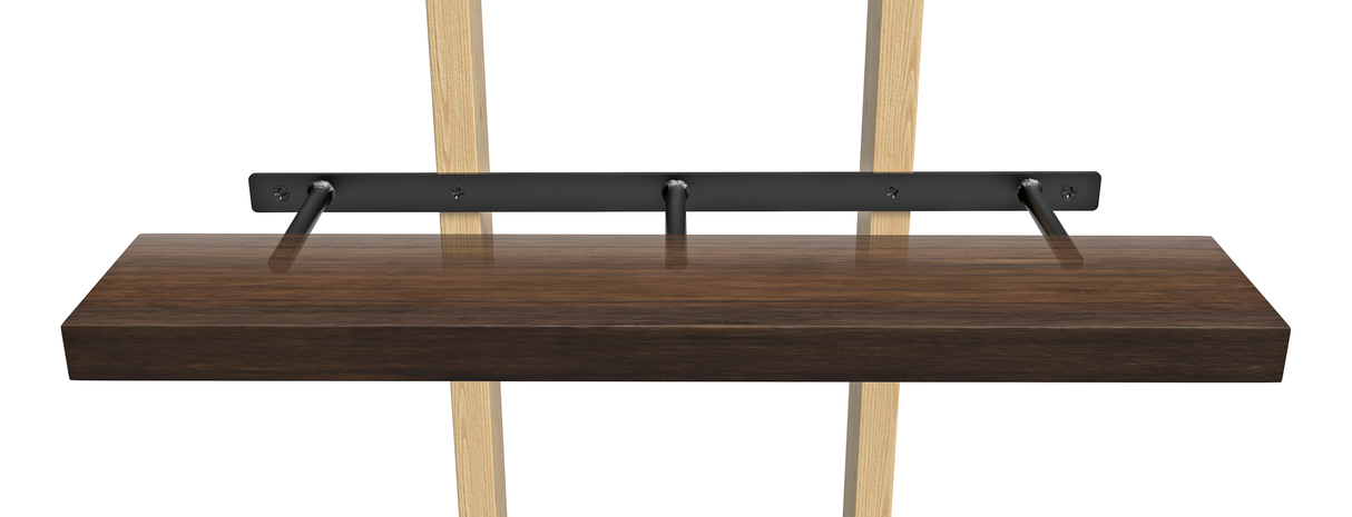 3 Round Free Floating Shelf Brackets attached to two wood boards holding a dark brown wooden shelf.