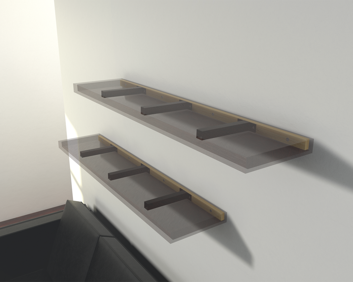 2 floating shelves attached to a wall with a total of 6 square free floating shelves on a white wall with a window in the background.