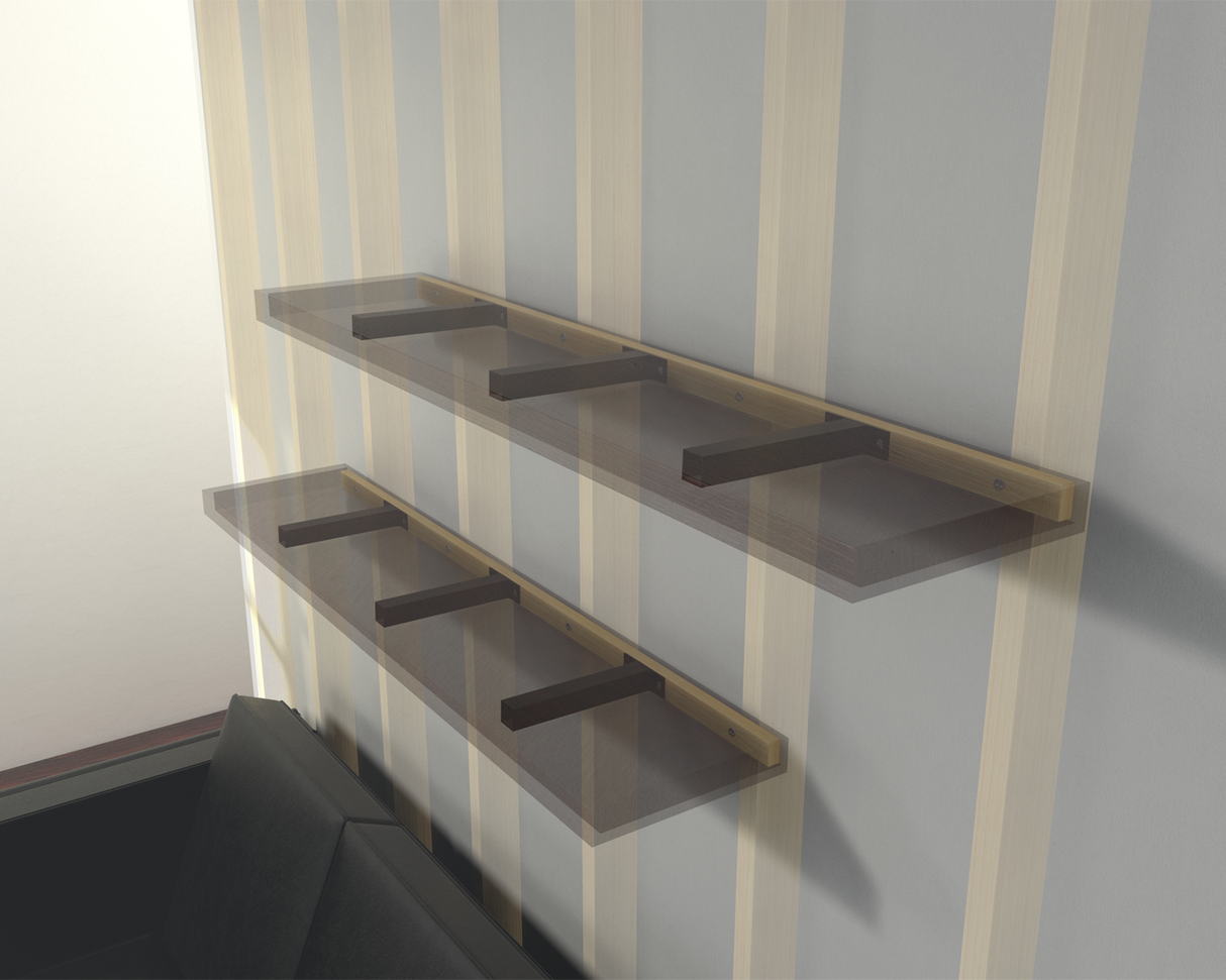 2 floating shelves held in place against a wall with a 6 total square free floating shelf Bracket on an exposed unfinished wall.