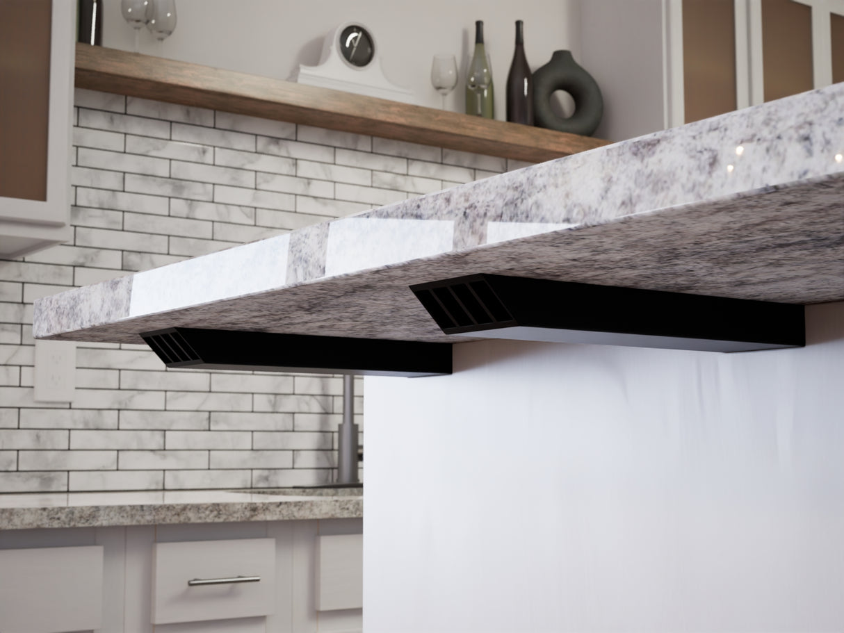 A front view of an Industrial L Bracket with a white marble countertop.