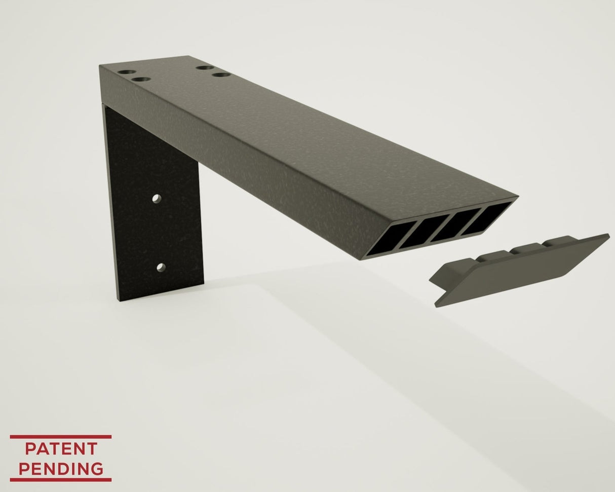 Right view of the Black Industrial L Bracket with the end cap floating in front to showcase the ribbed aluminum design.