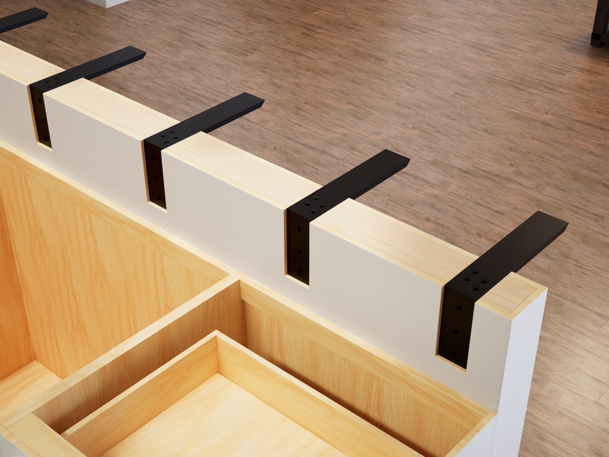 5 L Brackets affixed to a wooden knee wall with a wooden floor in the background