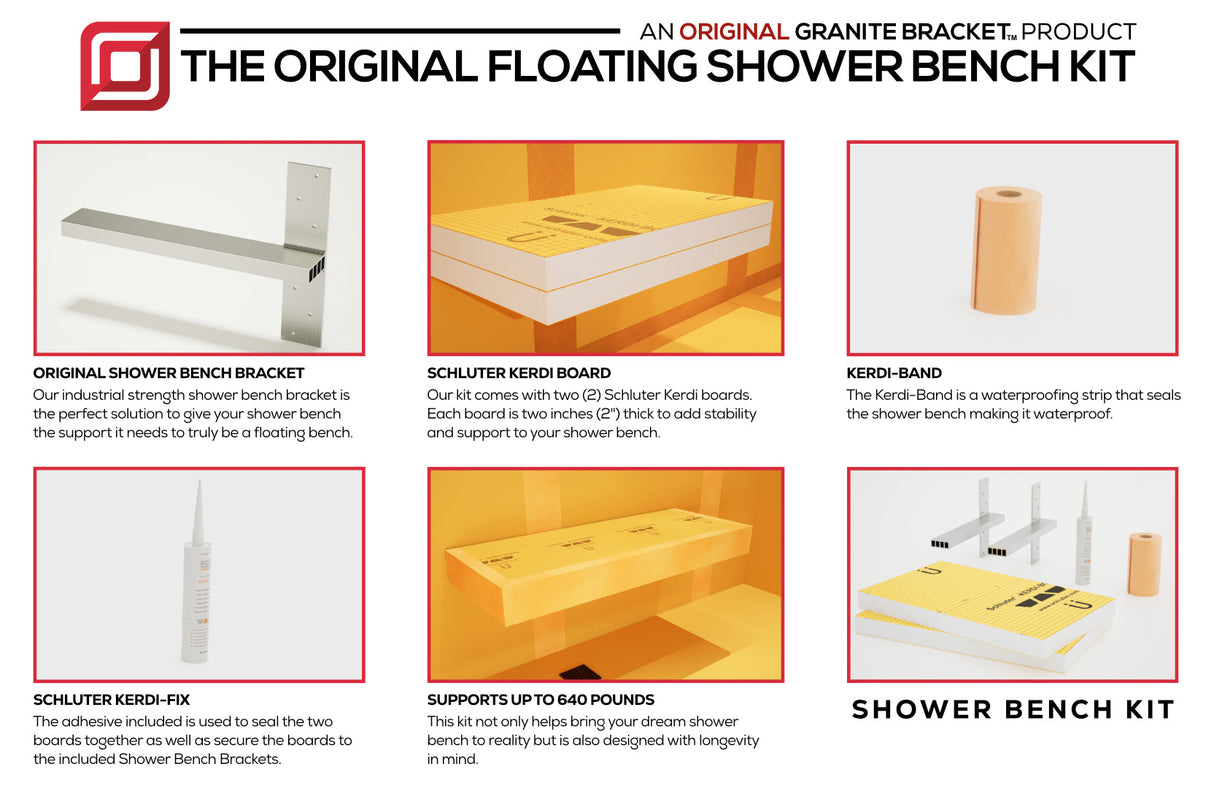 The Original Floating Shower Bench Kit™ with Orange Waterproof Board & Original Shower Bench Bracket®