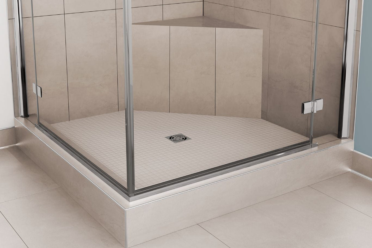 A wide view of a standing shower with a shower seat with white tiles using Schluter Kerdi Board Waterproof Shower Curb.