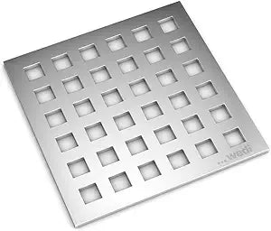 A collection of wedi premium drain covers in various colors including gold, silver, bronze, and black, displayed on a white background.