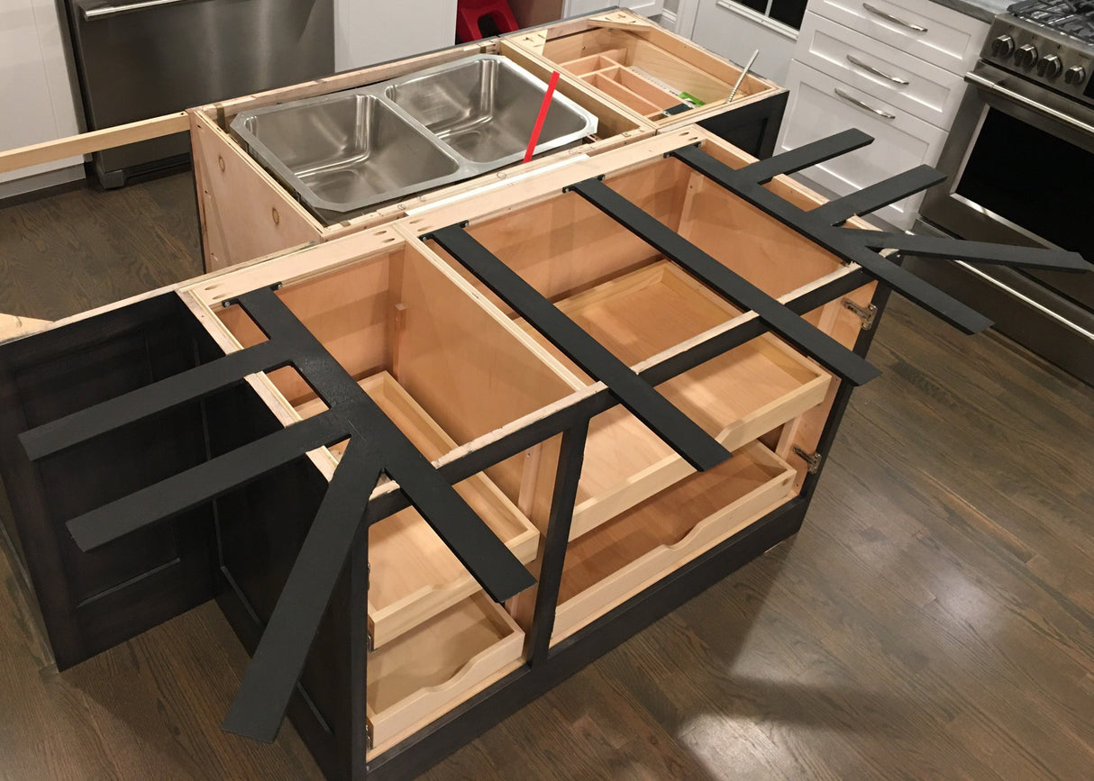 Exposed countertop island kitchen project with Black Custom Support Brackets with a top-down view.
