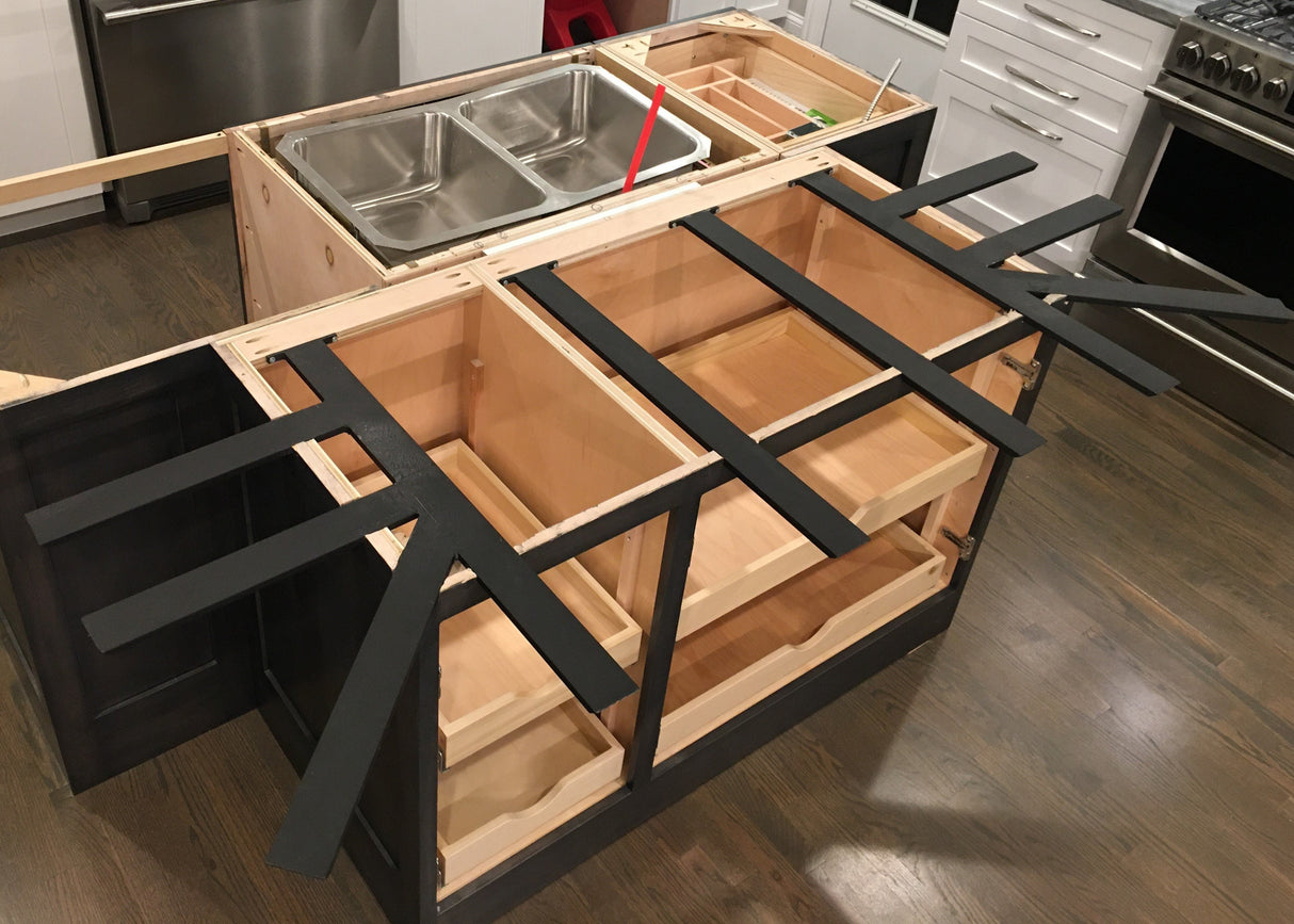 Exposed countertop island kitchen project with Black Custom Support Brackets with a top-down view.