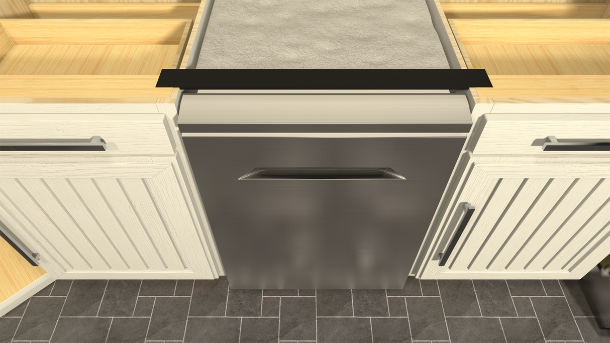 Top-down view of black dishwasher support bracket attached to two white countertops with a grey dishwasher in between. 