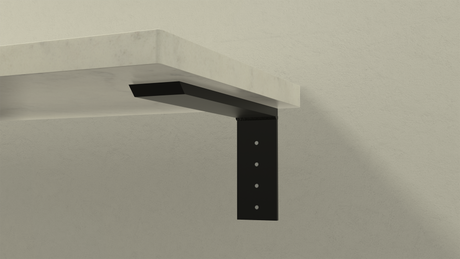 A close-up of a black regular shelf bracket holding up a white shelf on a white wall.