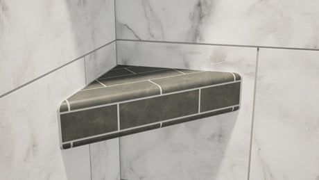 An original corner shower shelf with gray tile attached to a marbled shower wall.