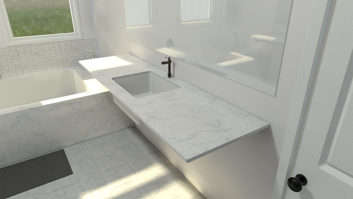 A floating white marble bathroom vanity in a white-themed bathroom with a white marble tub in the background.