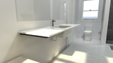 A left-angle view of a white floating bathroom vanity held in place by the Industrial Free Hanging Shelf Brackets in a white tiled bathroom.