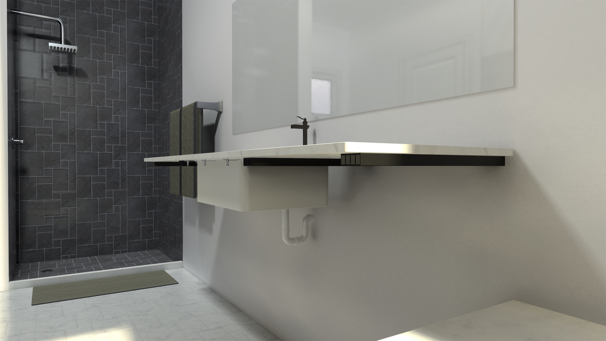 A right angle view of a floating bathroom vanity supported by Industrial Free Hanging Shelf Brackets with a grey shower stall in the background.