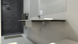 A right angle view of a floating bathroom vanity supported by Industrial Free Hanging Shelf Brackets with a grey shower stall in the background.