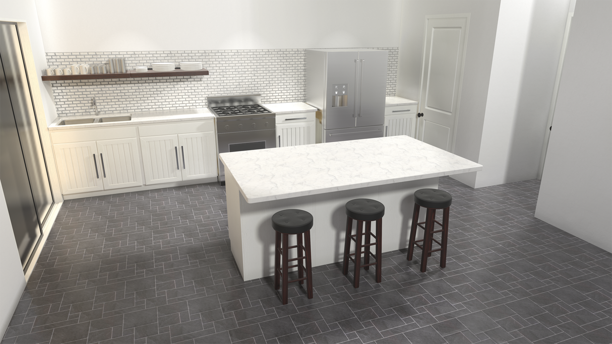 A white island with a marble countertop supported by Hidden Island Support Brackets with three dark brown barstools on a grey tile floor in a white theme kitchen.