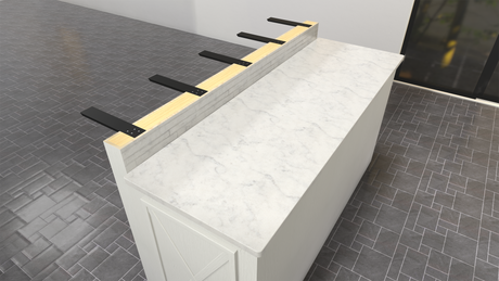 A top-down view of a white marble kitchen island with an unfinished overhang showcasing 5 Knee Wall Countertop Support Brackets.