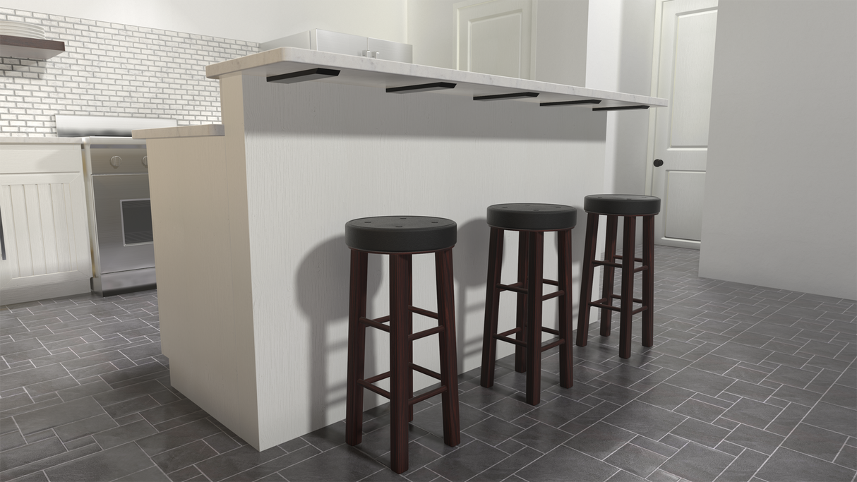 3 brown barstools on a grey tile floor underneath a kitchen island overhang supported by The Original Granite Bracket’s L Bracket Countertop Support.