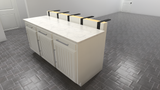 A left angle of a white kitchen island with a marble countertop and a 3-door cabinet showing 5 Black L Countertop Support Brackets on top.