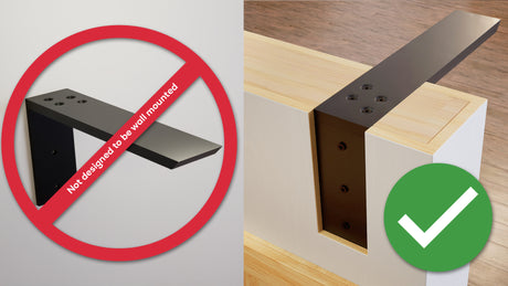 L Bracket with a red cross over showing how not to use the L bracket as a shelf bracket mounted to a wall. On the right side showing how to properly mount an L bracket over a knee wall.