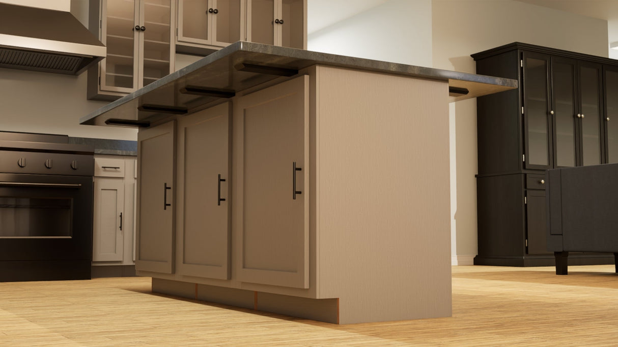  A beige 3-door cabinet island with a countertop attached by four Double Sided Island Support Brackets with a black stove and black cabinets in the background.